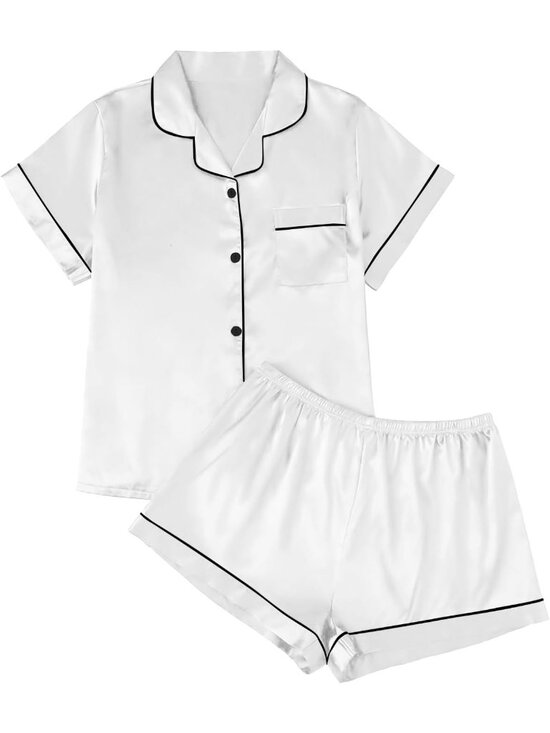 Pants - Women's White Silk Satin Pajama 2 Piece Sleepwear Button Down Short Shirt
